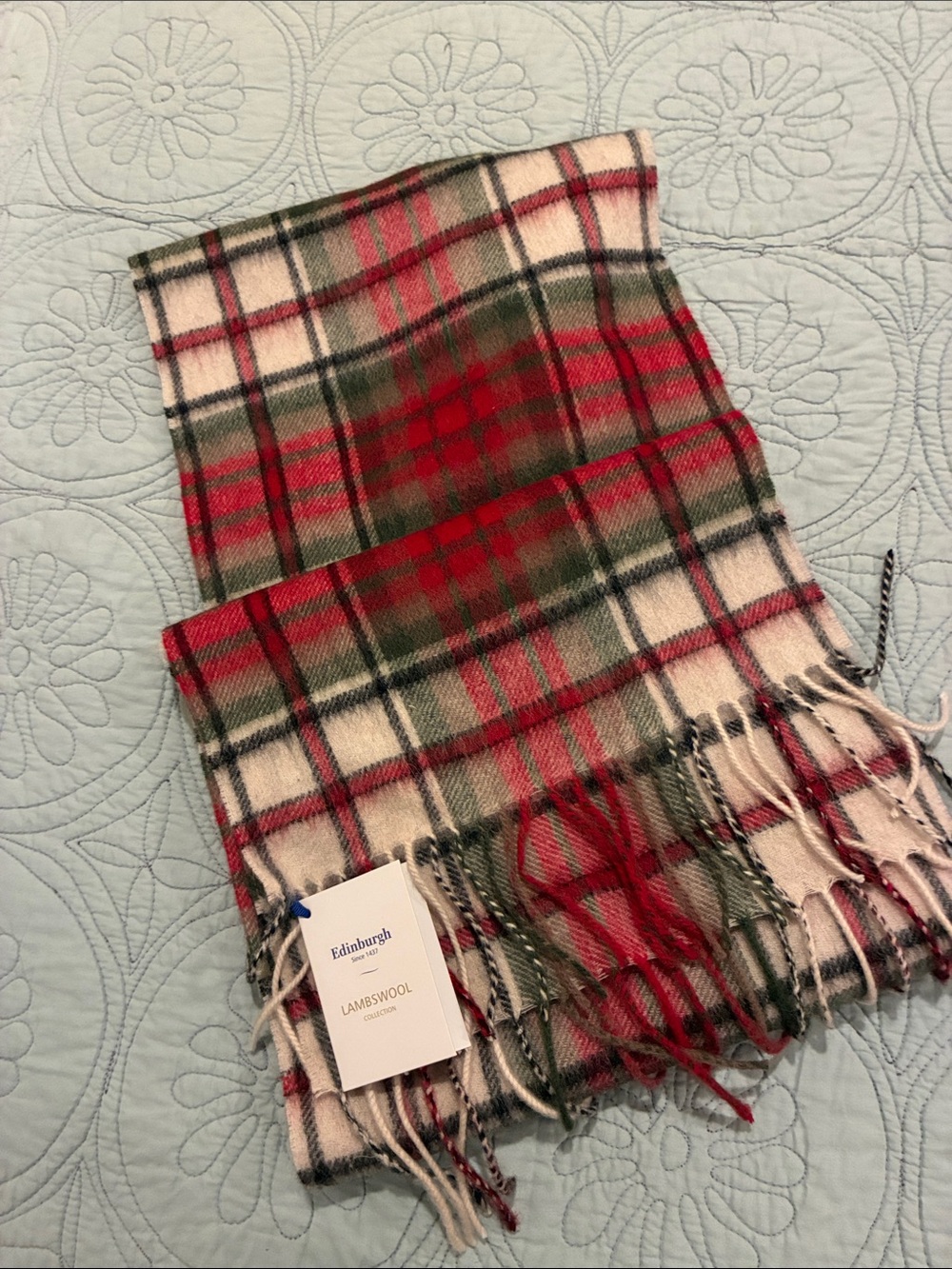 Lambswool Plaid Scarf in Red, Green, and Cream